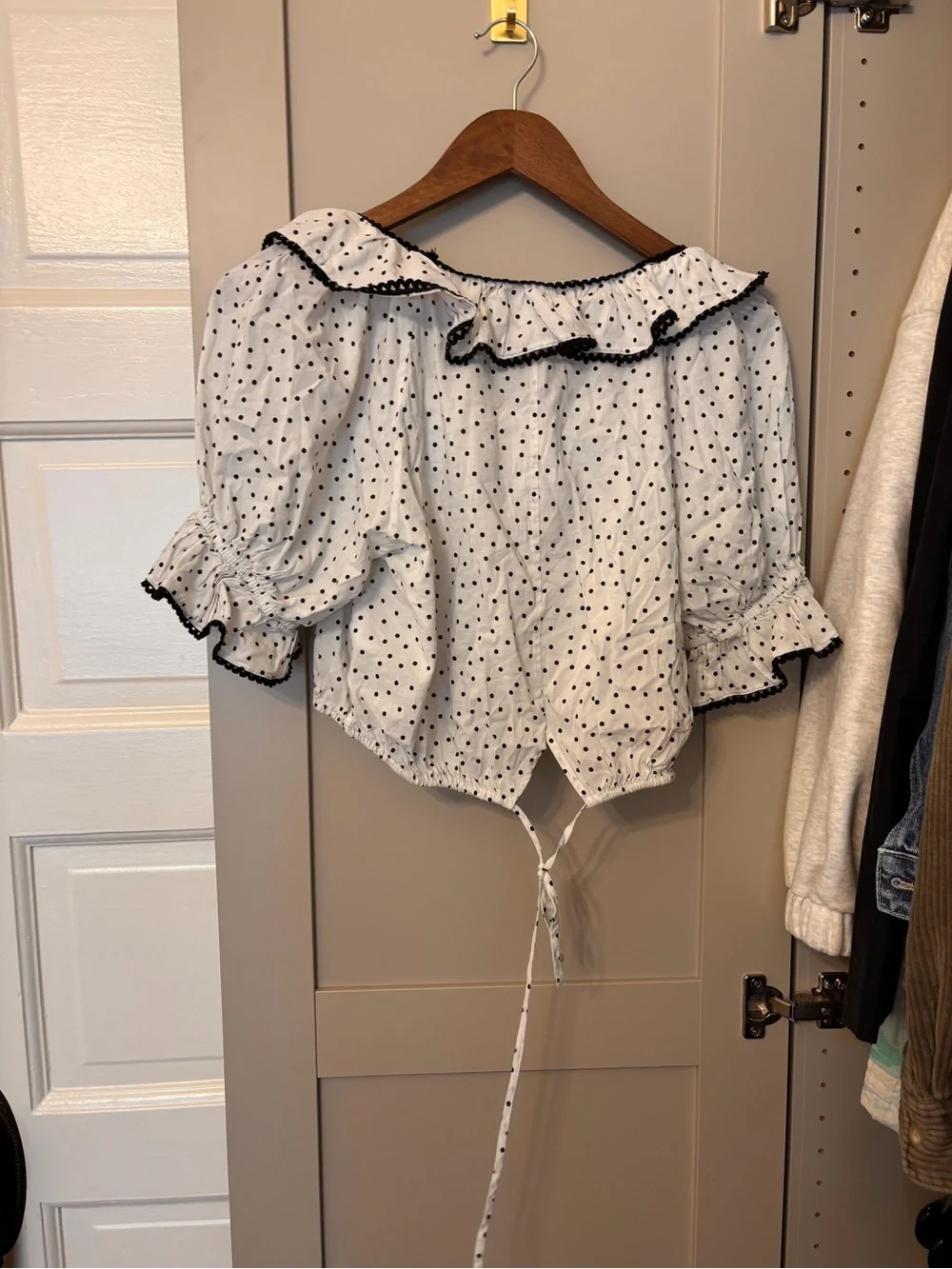 Reformation White Polka Dot Ruffle Tie-Front Blouse